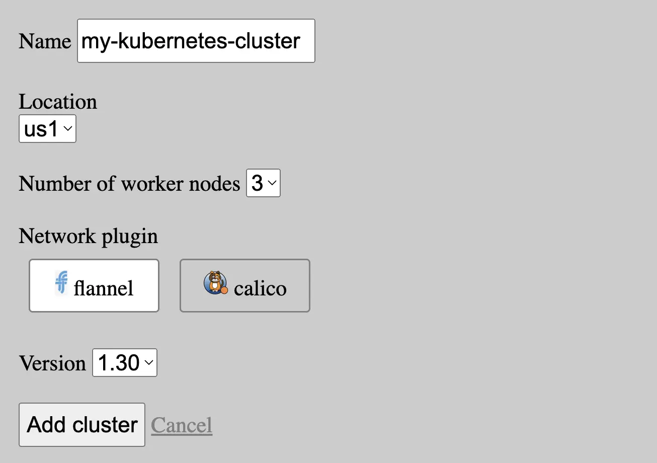 A menu allows selecting options for a new kubernetes cluster