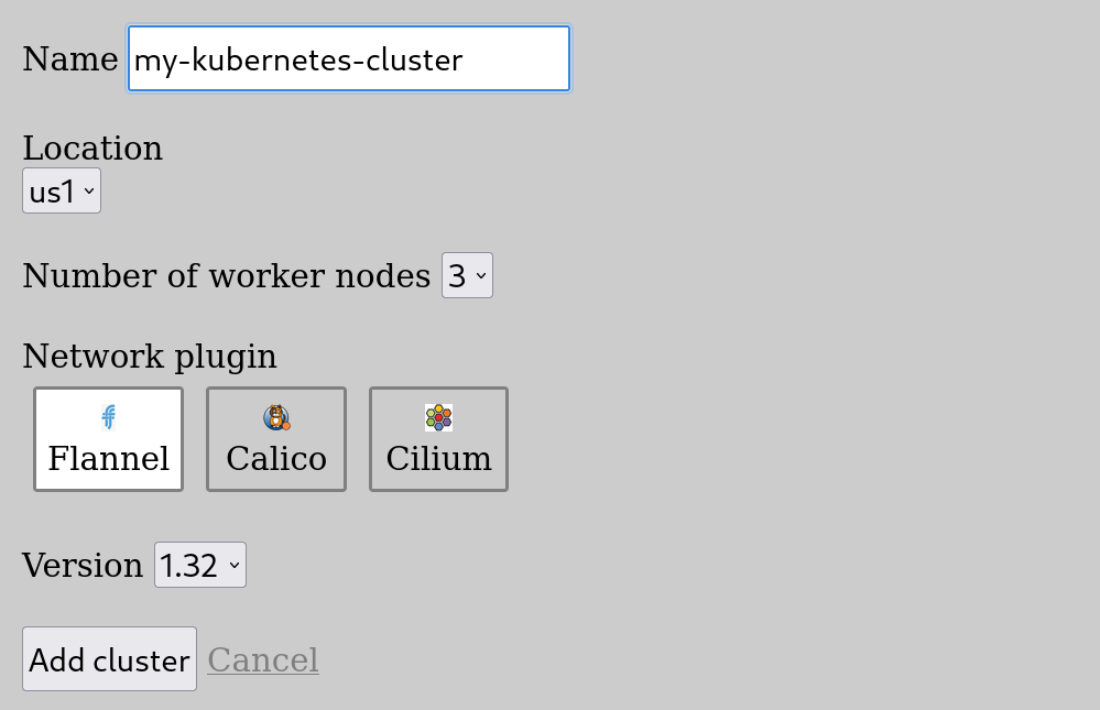 A menu allows selecting options for a new kubernetes cluster